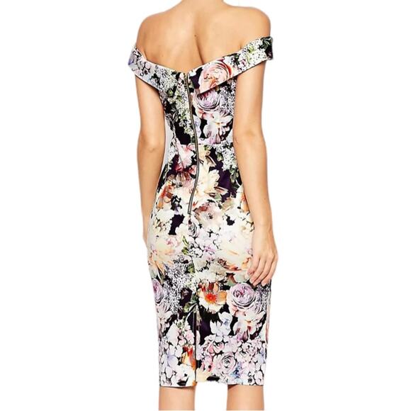 ASOS WEDDING Bardot Navy Floral Off Shoulder Pencil Dress - Picture 2 of 8